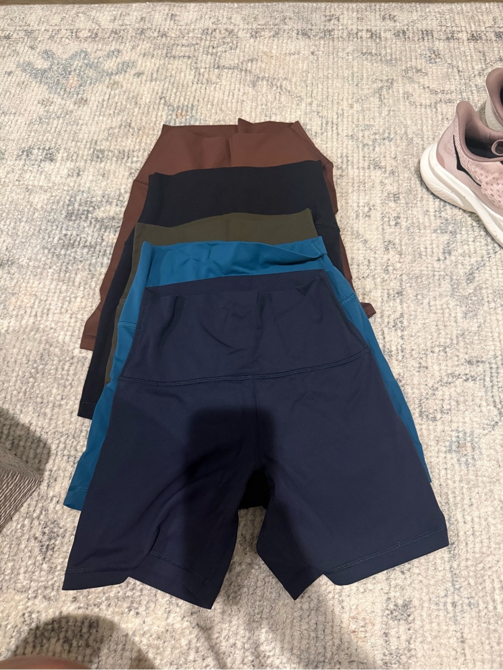 Stack of Athletic Bike Shorts in Navy, Teal, Olive, Black, Brown - 5 PACK!!